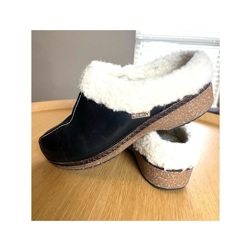 Pikolinos | Size EU 40 Granada Leather Faux Shearling Fur Clog Dark Brown